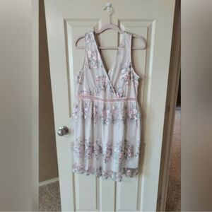 Boohoo Occasion Floral Embroidery Wrap Skater Pink Dress SZ 14